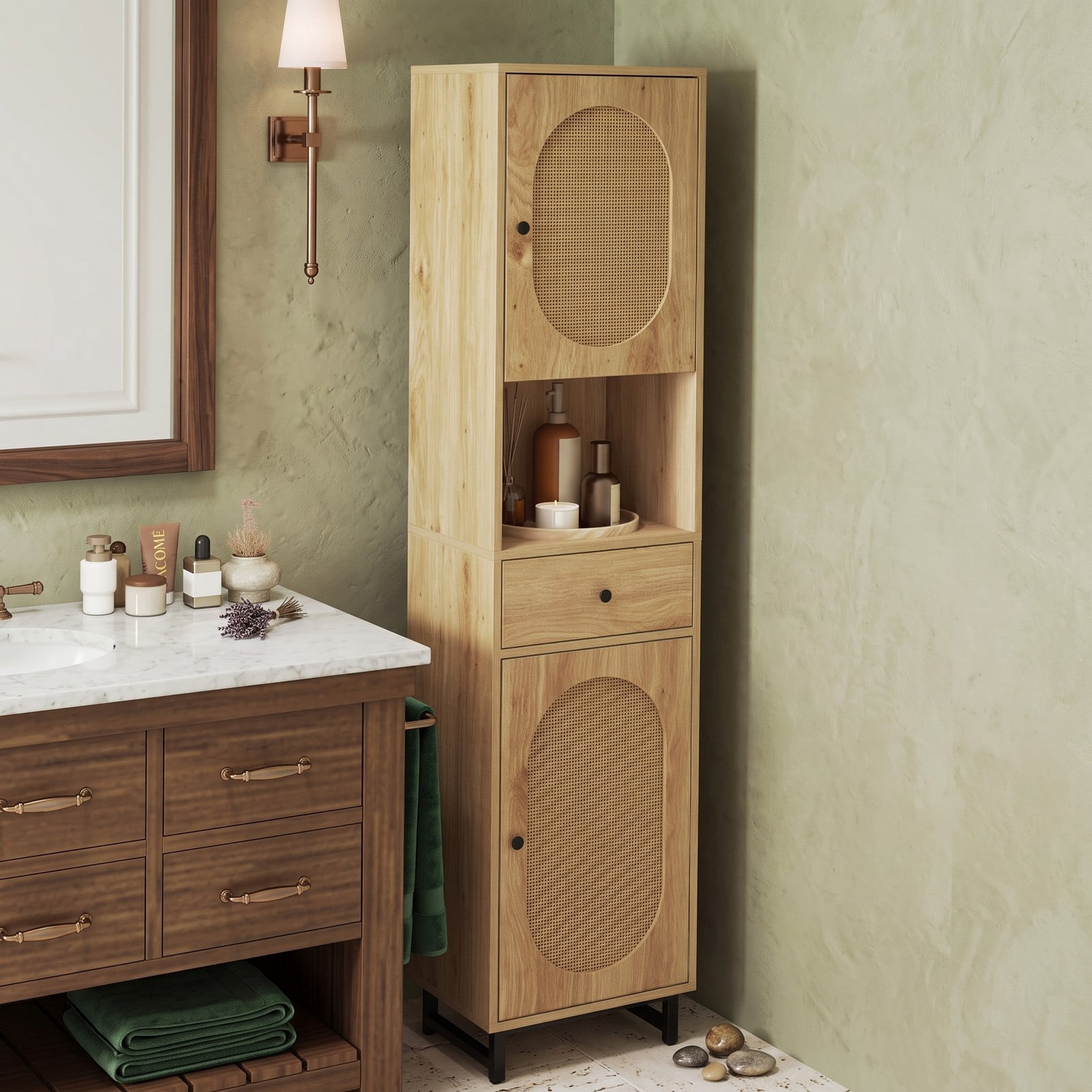 ALPULON 67 Inch Tall Bathroom Cabinet, PE Rattan Freestanding Floor Storage Cabinet with 2 Doors, 1 Drawer and Adjustable Shelves for Bathroom Living Room, Natural