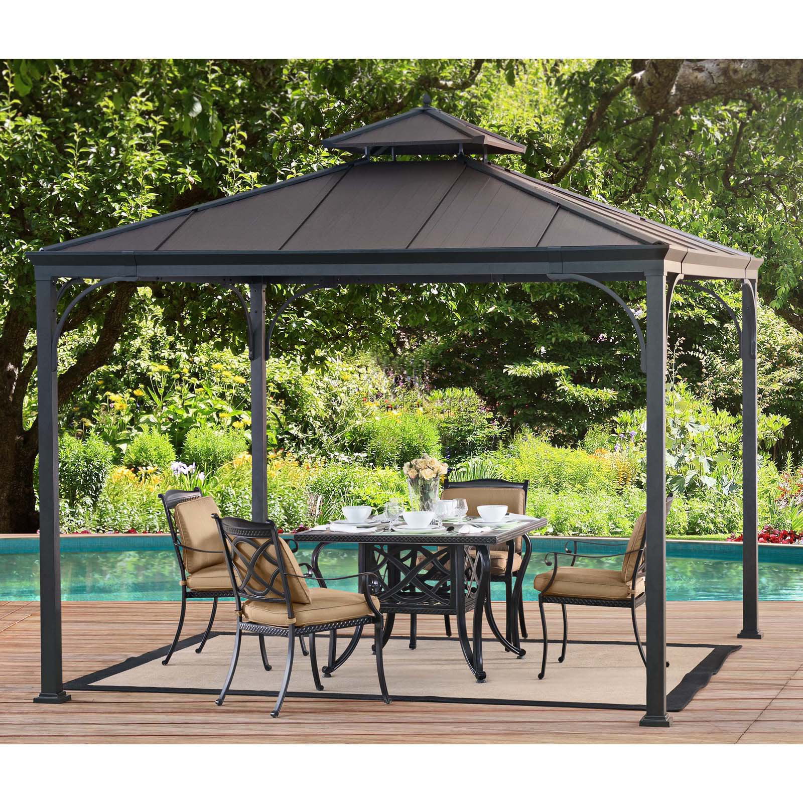 Sunjoy 10' x 10' Hardtop and Grill Black and Brown Square Gazebos...