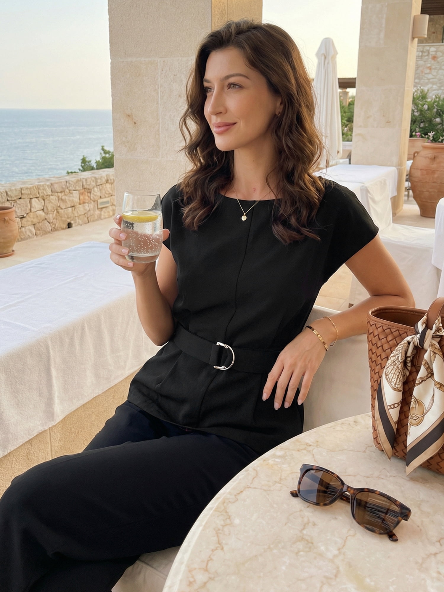DARING DIVA Women's Cap Sleeve Top Boat Neck Belted Peplum Tops L Black