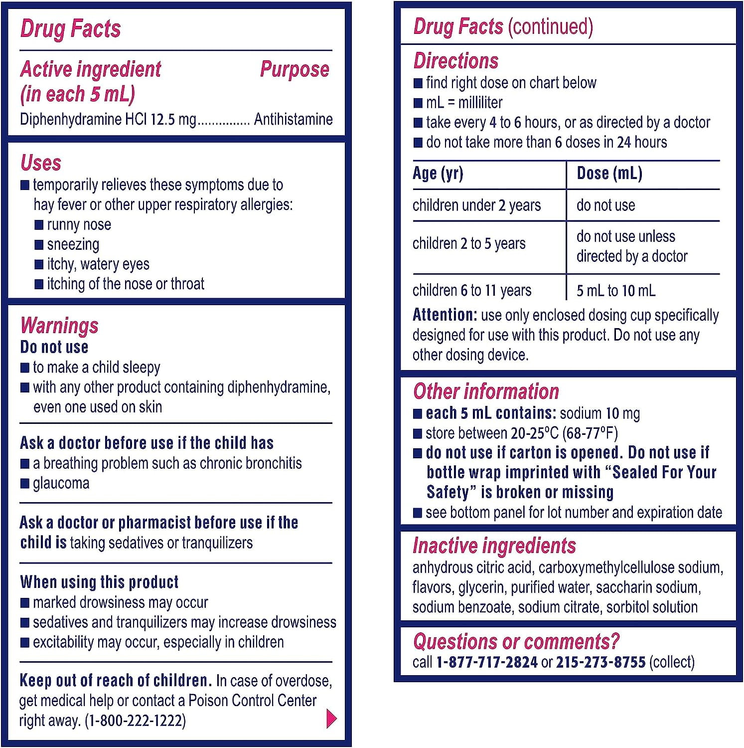 Benadryl Children's Dye-Free Allergy Liquid, Bubble Gum, 4 Oz, 2 Pack