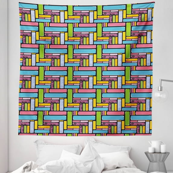 Abstract Tapestry, Ornamental Squared Design Colorful Retro Pattern Stars Swirls Lines Dots, Fabric Wall Hanging Decor for Bedroom Living Room Dorm, 5 Sizes, Multicolor, by Ambesonne