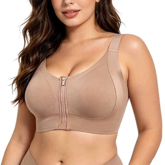 Besolor Plus Size Zipper Front Closure Bras for Women Seamless Supportive No Underwire Athletic Gym Workout Sports Bra(X-Large,Khaki)