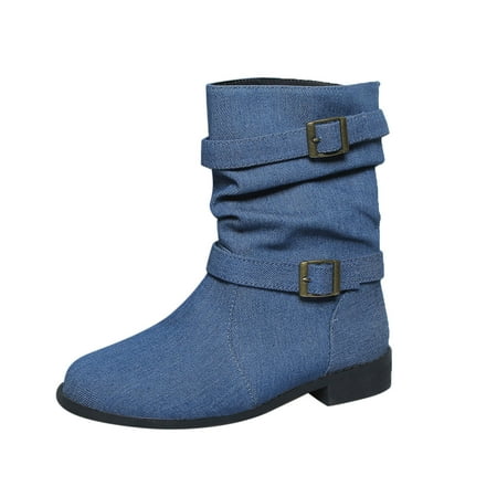 

Ediodpoh Fashion Women Flock Solid Color Autumn Square Heels Zipper Round Toe Mid Boots Shoes Booties for Women Navy 8