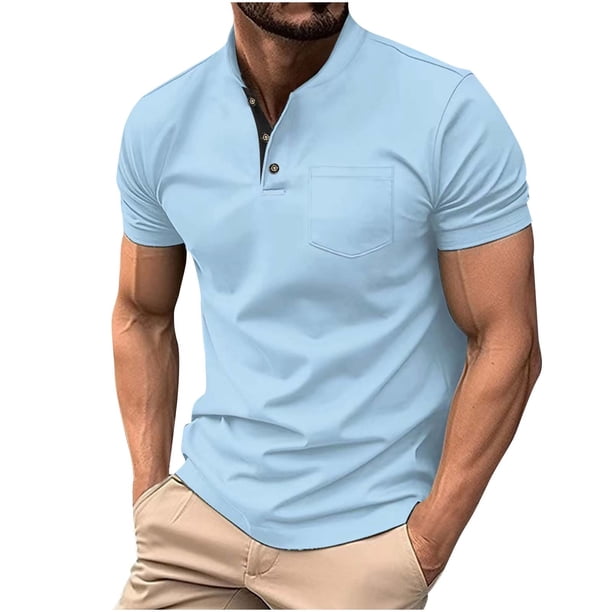 Camisetas de Manga Larga para Hombres Casual Botón Sólido Camiseta Cuello de Soporte Superior, Poliéster Ligero para Primavera Verano