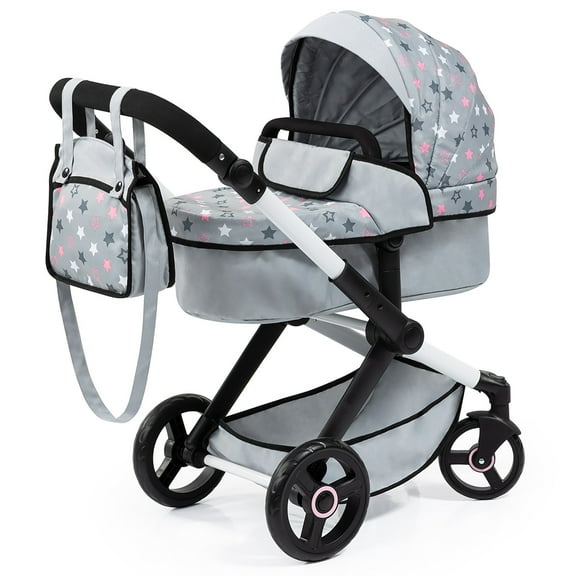 Bayer Design Doll Pram - Grey/Pink Stars - W/ Shoulder Bag, Fits Dolls up to 18", Adjustable Handle & Swivel Wheels, Basket, Ages 3 