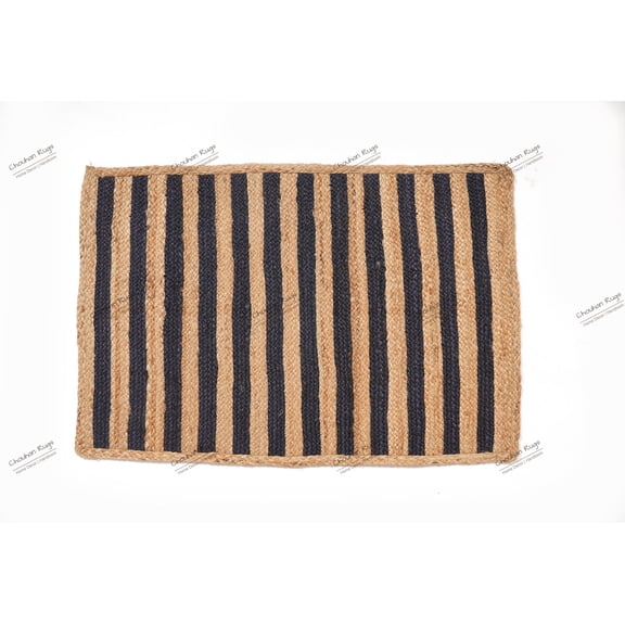 Natural Jute Rug Hand Braided Beige and Navy Blue Scalloped Area Rug Rectangle Rug