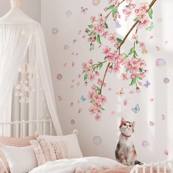 Cherry Blossom Tree Branch Wall Decals Pink Flower Butterfly Wall Stickers DIY Peel and Stick Home Decor Bedroom Living Room Sofa TV Background Wall Decor