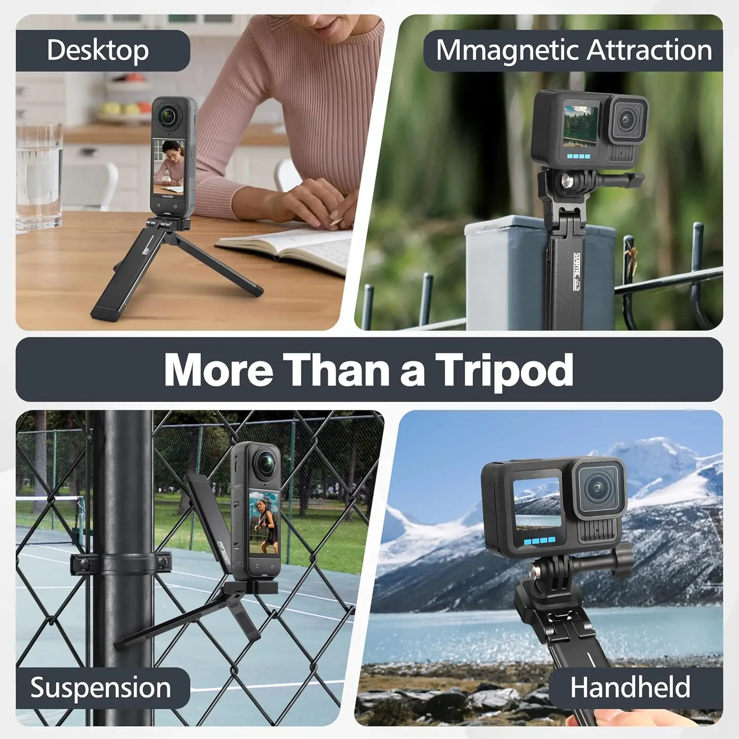 STARTRC PHOTO Magnetic Mini Tripod for Insta360 X5 X4, Flexible Desktop Stand with Metal Selfie Stick Handle, 1/4 Thread Screw