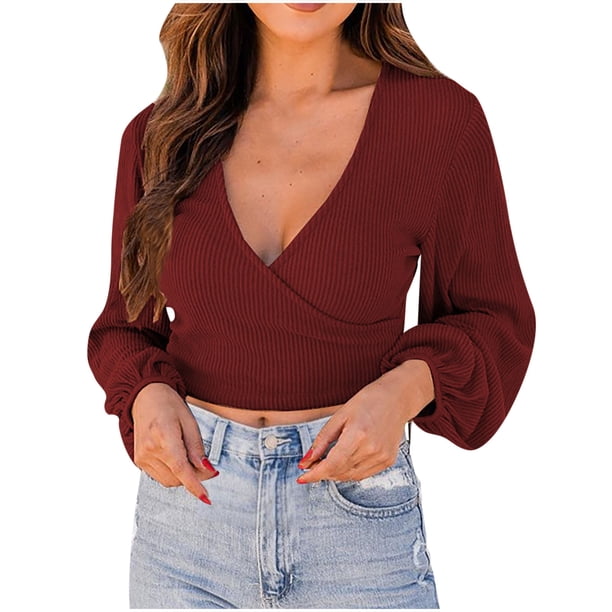 Camiseta de manga farol con cuello en V y cuello en V para mujer con tira colgante de color sólido Pompotops gfhjh11741
