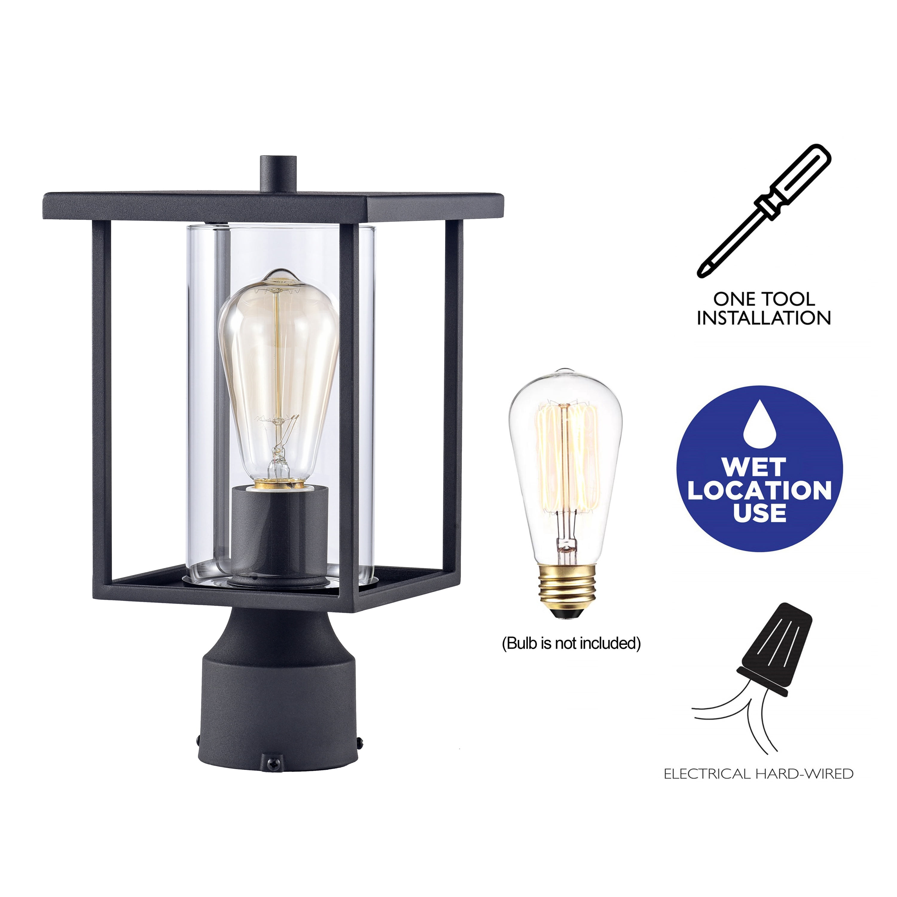 C Cattleya 1-Light Black Outdoor Post Light with Clear Glass Shade Waterproof Lantern Lighting Fixtures(E26)