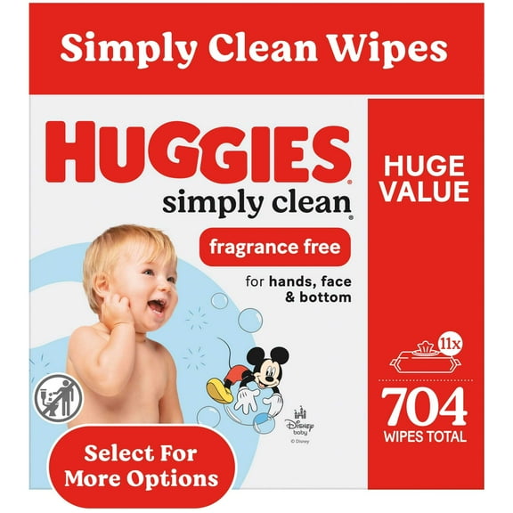Huggies Simply Clean Unscented Baby Wipes, 11 Flip-Top Packs, 704 Total Count (Select for More)