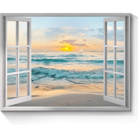 Open Window Canvas Wall Art: Sunset Coastal Beach Scenery Fake Window View Picture Blue Ocean Waves Seascape Painting Nautical Sailboats Prints Modern Natural Sea Landscape Artwork for Bedroom