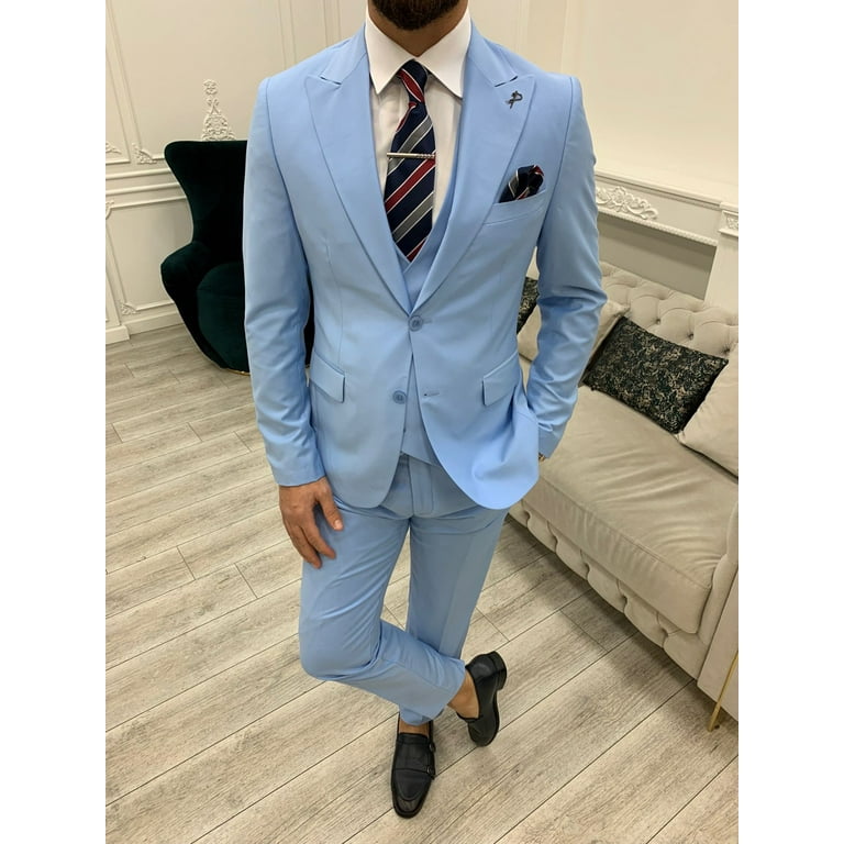 GentWith Gent with Mens Sky Blue 3 Piece Slim Fit Suit Italian Designed Coat Pants Wedding Groom Party Wear Suit Men s Size US 42