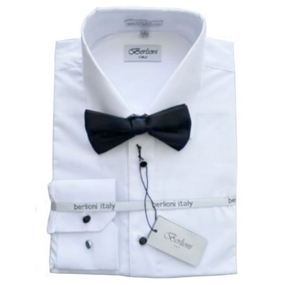 Berlioni Men’s Tuxedo Laydown Flat Front Dress Shirt Bow Tie French Cuff Convrt