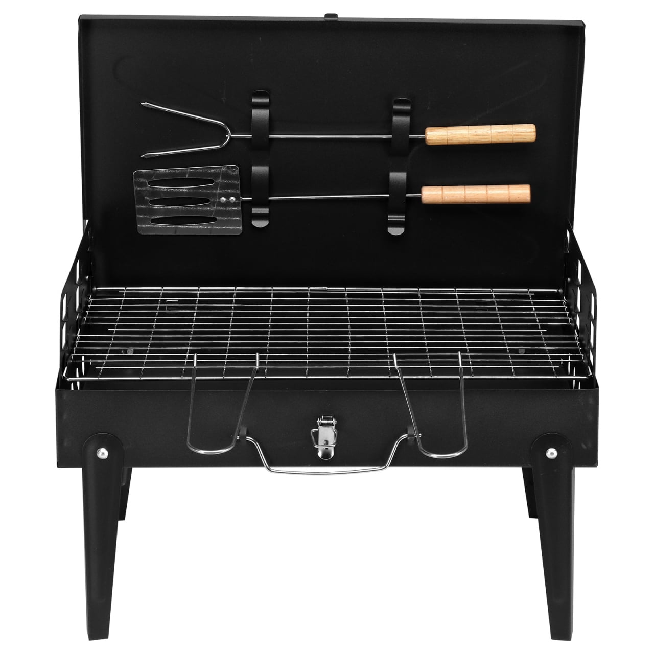 Square Portable Charcoal Grill, Small Folding BBQ Grill, Foldable Camping Grill with Barbecue Accessories & Lid, for Outdoor Cooking Camp Picnic Hiking Beach Party Patio