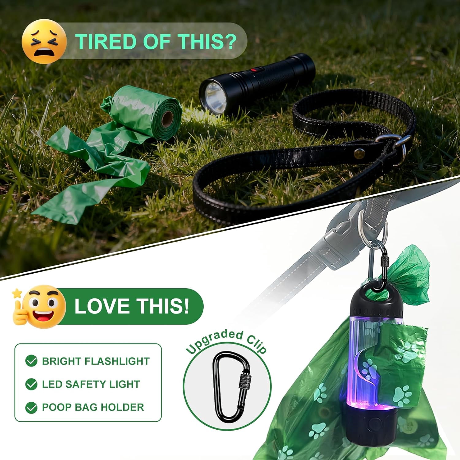 3-in-1 Dog Poop Bag Holder with Flashlight 7-Color, USB-C Rechargeable doggie bag holder for leash, IPX6 Waterproof Anti-Slip Clip Pet Waste Bag Dispenser for Walking (2 Dispensers, 60 Bags)