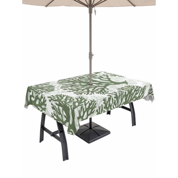 Outdoor Tablecloths with Umbrella Hole & Zipper, Dark Sage Green Coral Coastal Rectangle Tablecloth 52x70 Inch, Summer Beach Nautical Ocean Waterproof Table Cloth, Patio/Pool/Picnic Table Covers