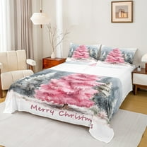 Manfei Pink Xmas Tree Queen Sheet Sets for Teen, Watercolor Artwork Flat Sheet, Merry Christmas Queen Fitted Sheet, Breathable Home Decor, 4pcs