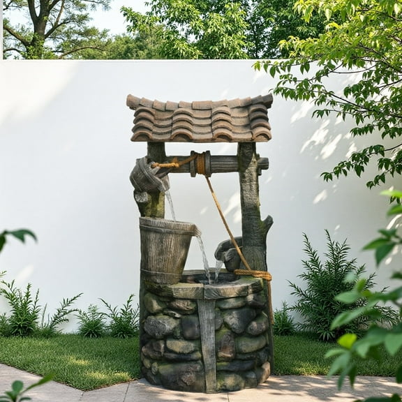 41.4" Rustic Well Outdoor Fountain with LED Lights and Relaxing Water Sounds, Resin Cascading Garden Waterfall Decor with Pump, 50.8 lbs
