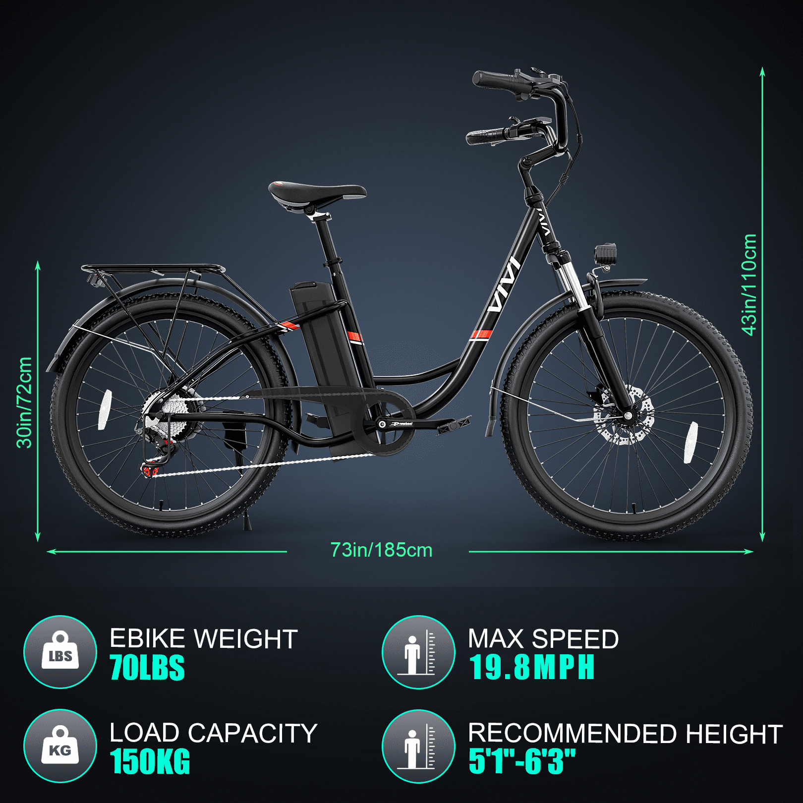 Vivi Electric Bike for Adults 26" Electric Cruiser Bike 48V 500W Step-Through Electric Bike 19.8MPH & City Commuter Electric Bike with Cruise Control, UL2849 Certified