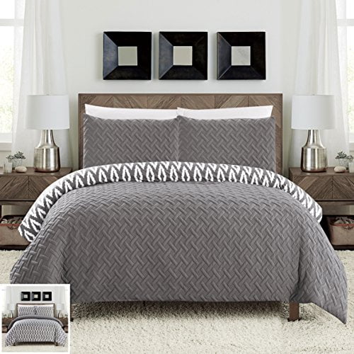 Chic Home 3 Piece Ora Heavy Embossed and Embroidered Quilted Geometrical Pattern Reversible Printed Queen Comforter Set Grey Walmart