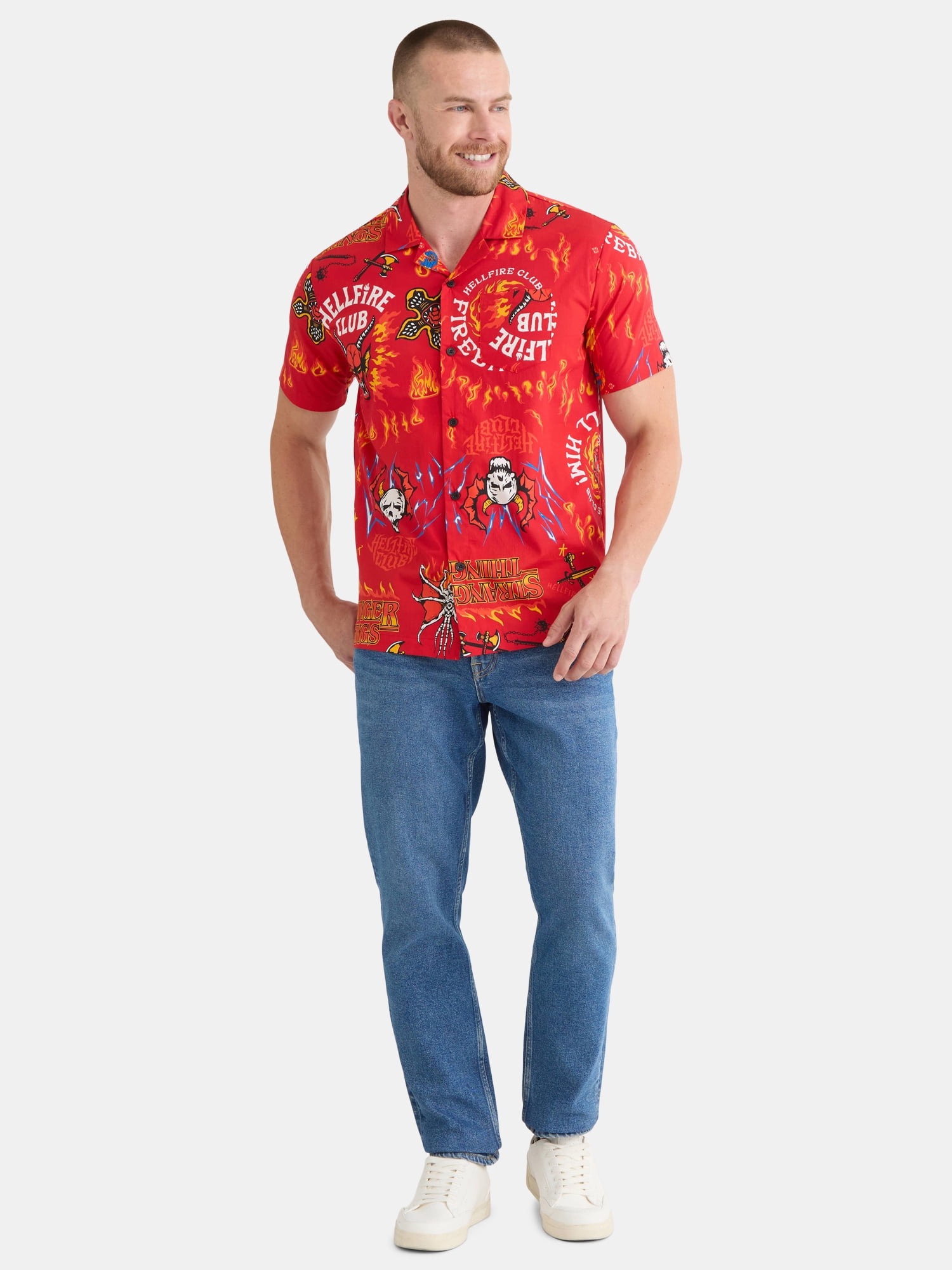 Netflix Stranger Things Men's and Big Men's Hellfire Club Print Button-Up Cotton Shirt with Short Sleeves, Sizes XS-3XL