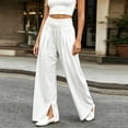 thumbnail image 4 of Wide Leg Linen Pants Women High Waisted Boho Beach Flowy Pants Pleated Casual Vacation Outfits Elastic Trousers Split Hem, 4 of 9