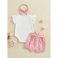 thumbnail image 5 of Niusricy Toddler Baby Girl Summer Outfit Sets 0-18M Kids Fly Sleeve Romper Letter Embroidery Jumpsuits with Floral Pattern Belted Shorts and Bow Headband Infant Newborn Fashion Cute Clothes for Daily, 5 of 9