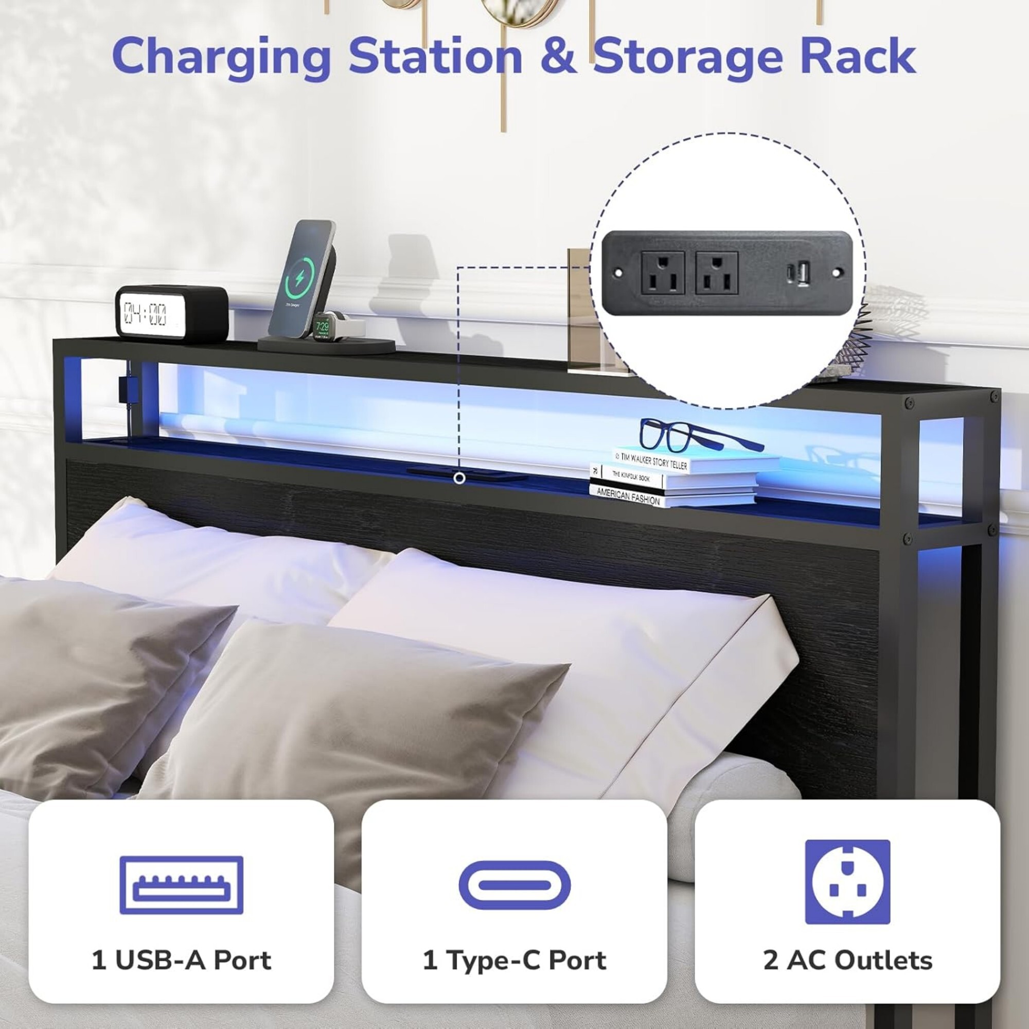 AENKYO Full Size Bed Frame with LED Lights, Storage Headboard & 2 Drawers, Built-in Charging Station, Antique Black