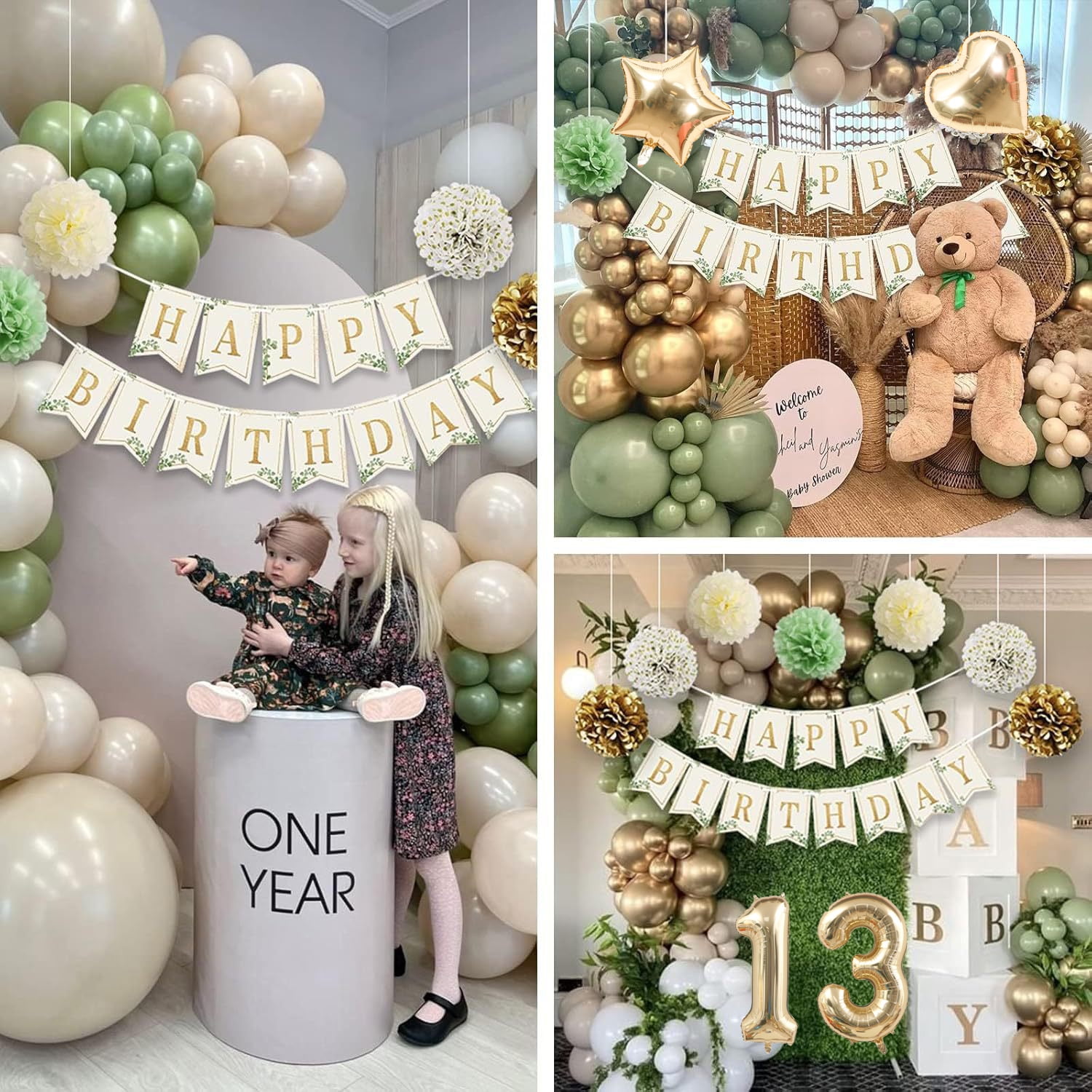Xugoox 52 Pcs 13th Birthday Decorations for Girls, Sage Green Birthday Decorations Kit with Happy Birthday Banner Sash Crown Tablecloth Fringe Curtain Green Balloons for 13 Year Old Party Decor