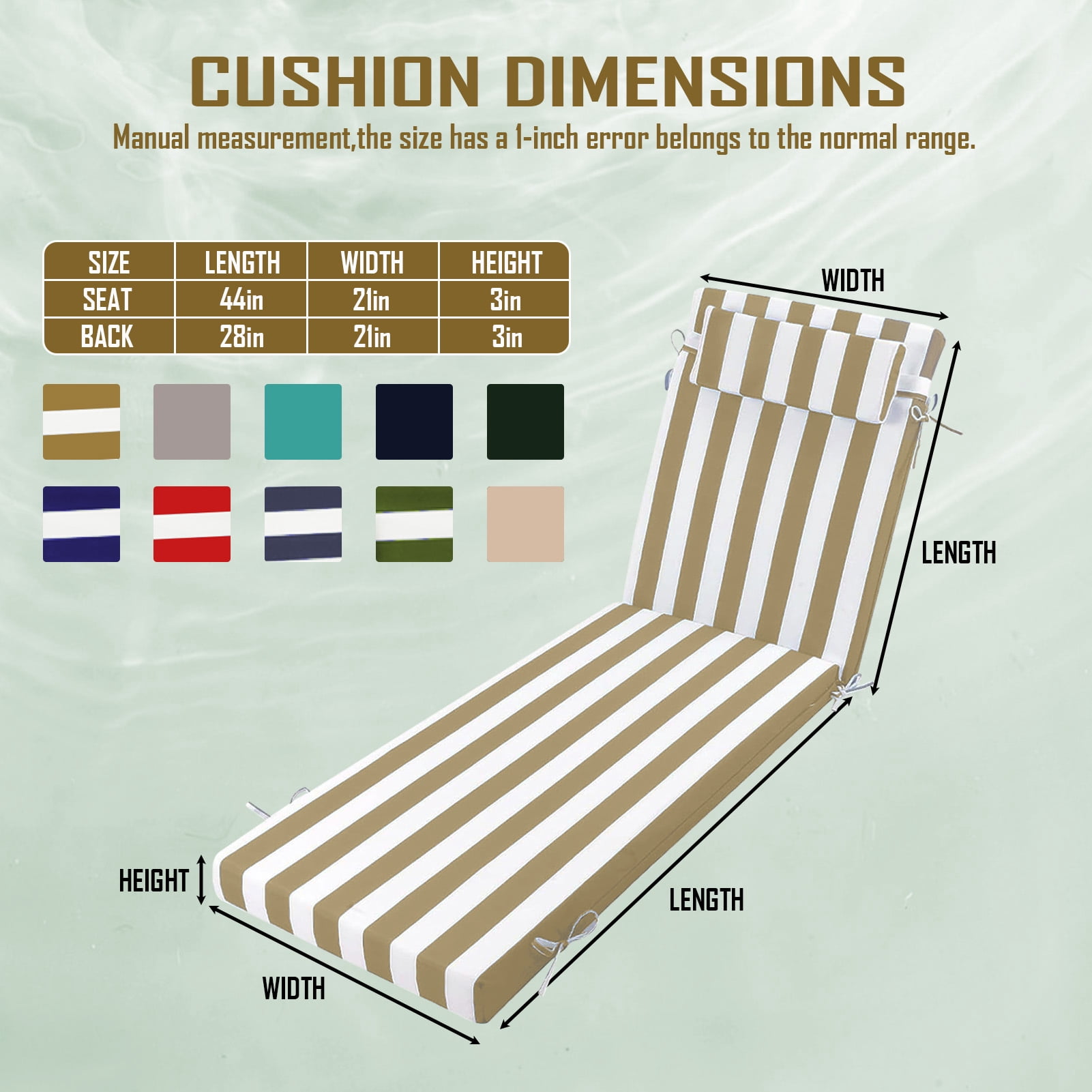Outdoor Chaise Lounge Cushion with Adjustable Headrest and Straps