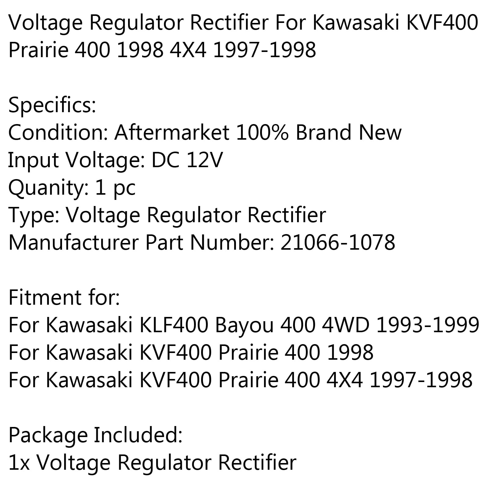 Mad Hornets Motorcycle Voltage Regulator Rectifier Fit for Kawa-saki KVF400 Prairie 400 1998 4X4 1997-1998