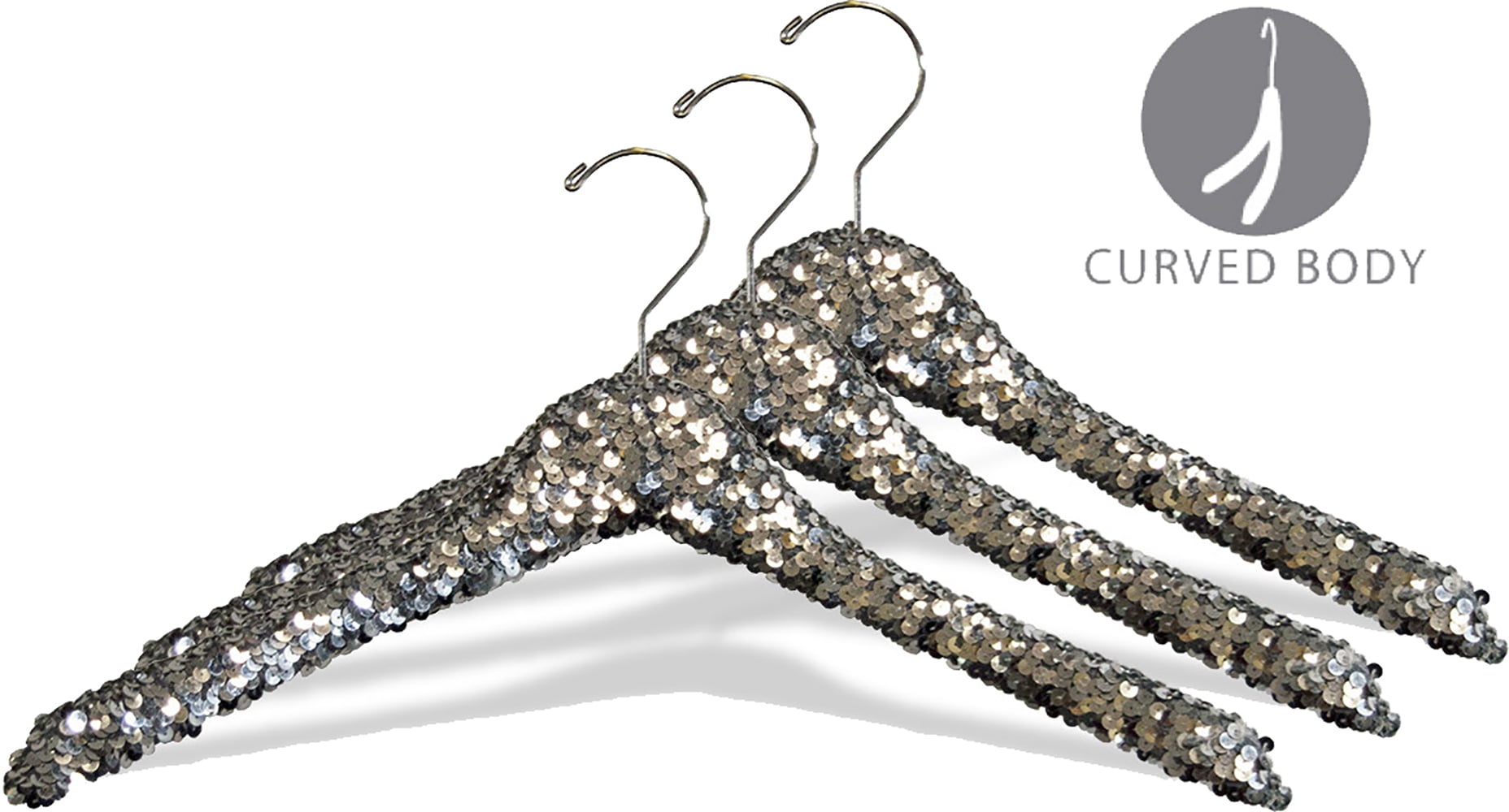International Hanger Curved Silver Sequined Solid Wood Top Hanger, 360-Degree Swivel Hook, Decorative Sequin Covered Wooden Hanger for Shirts, Jackets, Dresses, Bridal - 6 Pack