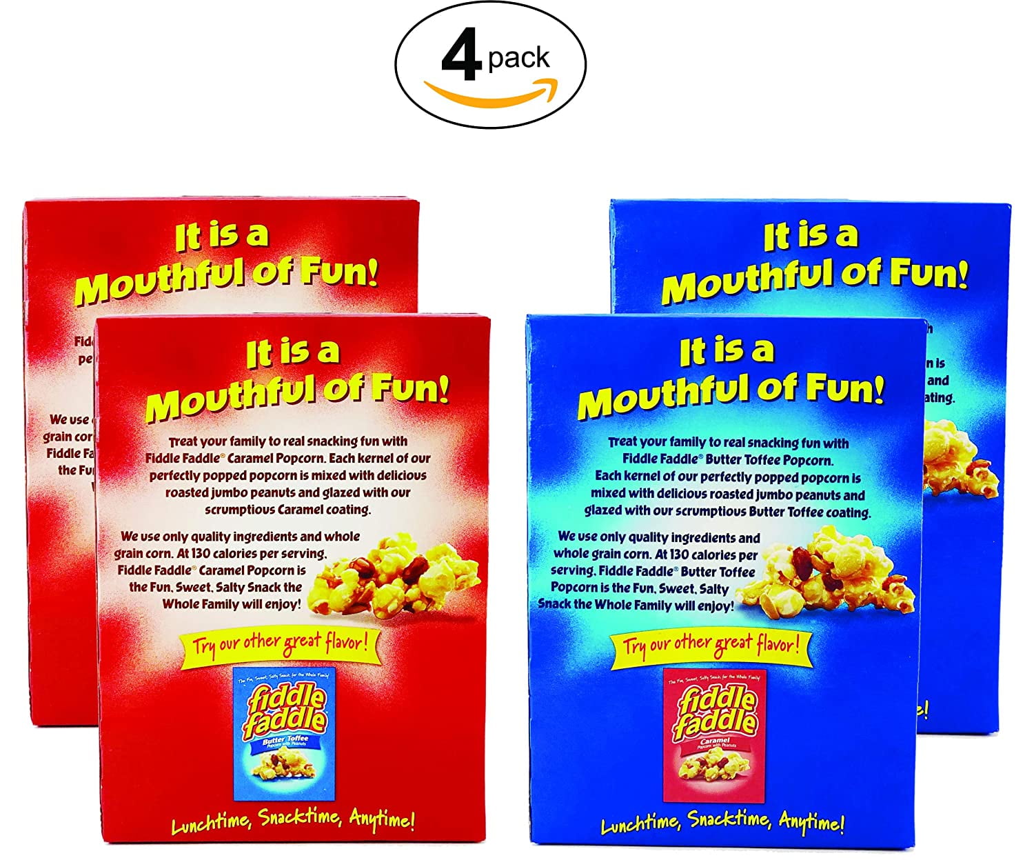 Fiddle Faddle Carmel Popcorn wtih Peanuts & Butter Toffee Popcorn with Peanuts, 2 Flavors Bundle, 3.5 oz. (Pack of 4, each Flavors 2 packs)