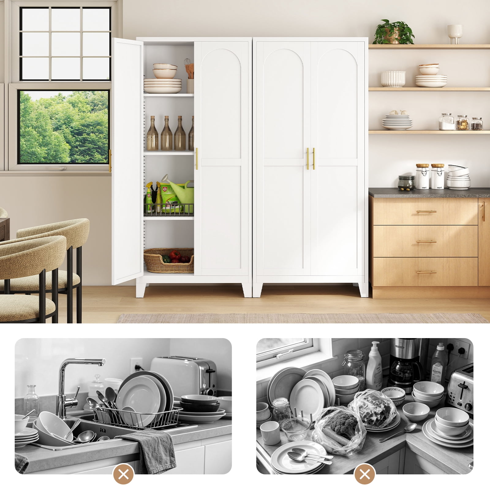 LIZEVINC 61.2in Pantry Cabinet, Metal Shapely Doors Cabinet with Doors and Adjustable Shelves, Food Pantry Cabinet for Kitchen,Dinning Room- Assembly Required(White)