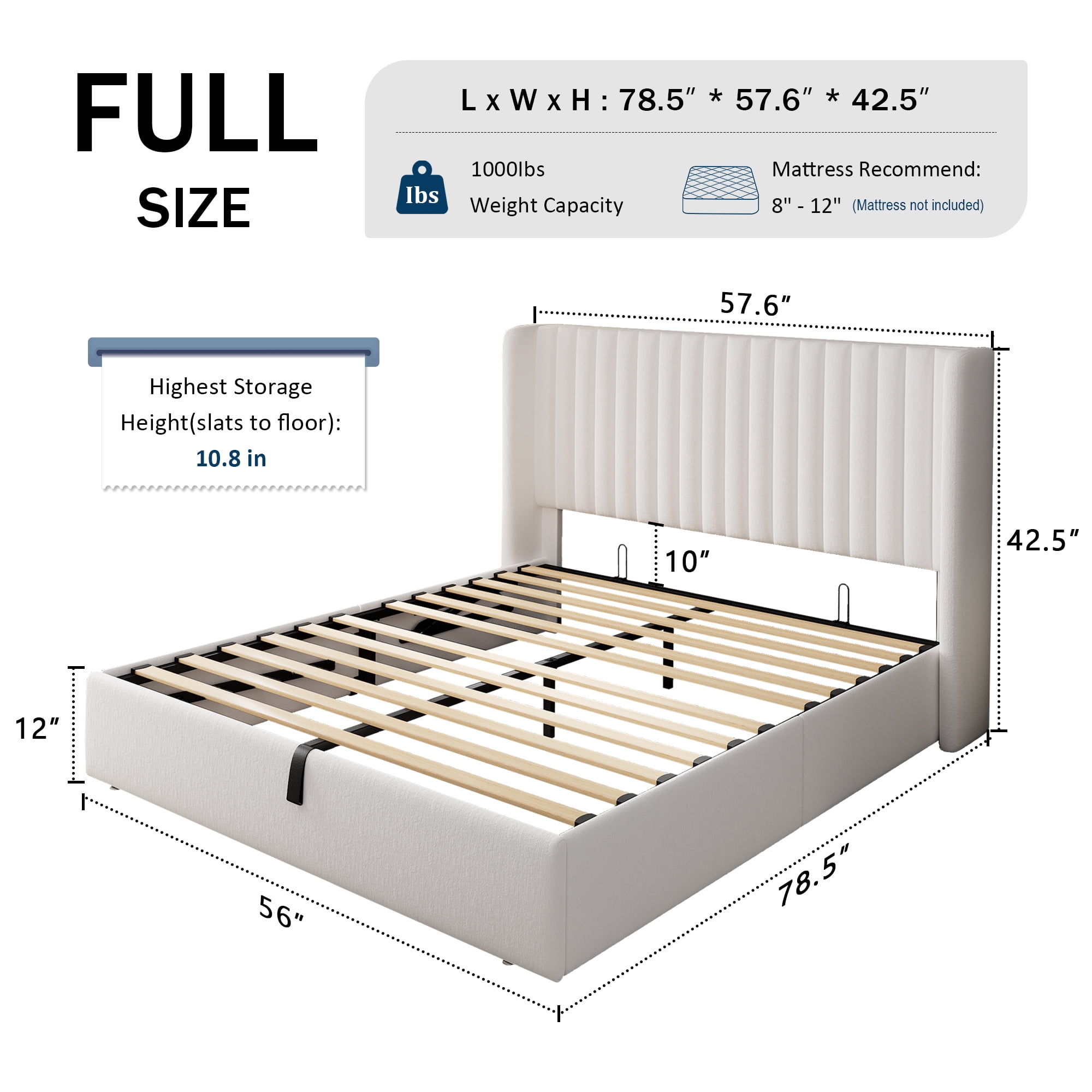Einhomn Full Size Lift Up Storage Bed With Wingback Headboard, Upholstered Platform Bed Frame with Hydraulic Storage, Velvet Fabric, No Box Spring Needed, White