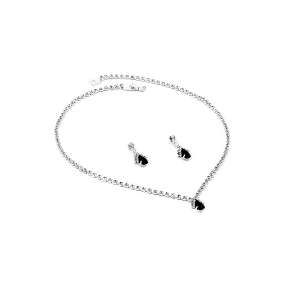 Silver Crystal Rhinestone Necklace with Jet Teardrop Centerpiece & Matching Dangle Earrings Jewelry Set