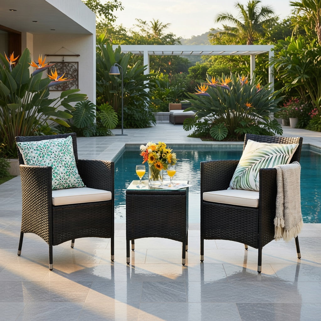 Hommoo 3-Piece Outdoor Wicker Furniture Set, PE Rattan Chairs with Cushions + Tempered Glass Coffee Table for Patio, Garden & Backyard, Brown