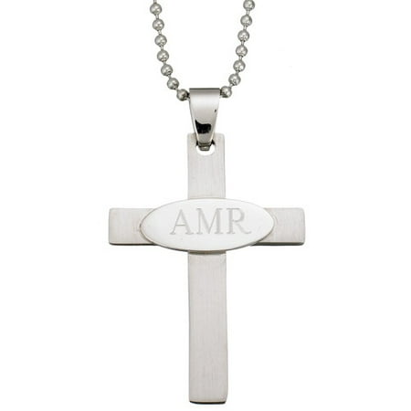 Personalized Planet Engraved Initials Stainless Steel Religious Cross Pendant, 20"