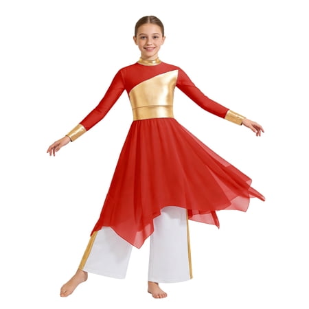 renvena Girls Praise Dance Dress Long Sleeve Prayer Robe Worship Liturgical with Palazzo Pants Outfit Red&White 16