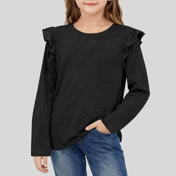 Black Girls Long Sleeve Ruffle Top, Cute Kids Casual Shirt with Pocket, Soft Stretchy Crewneck Tee for School and Play,Size 11-12 T