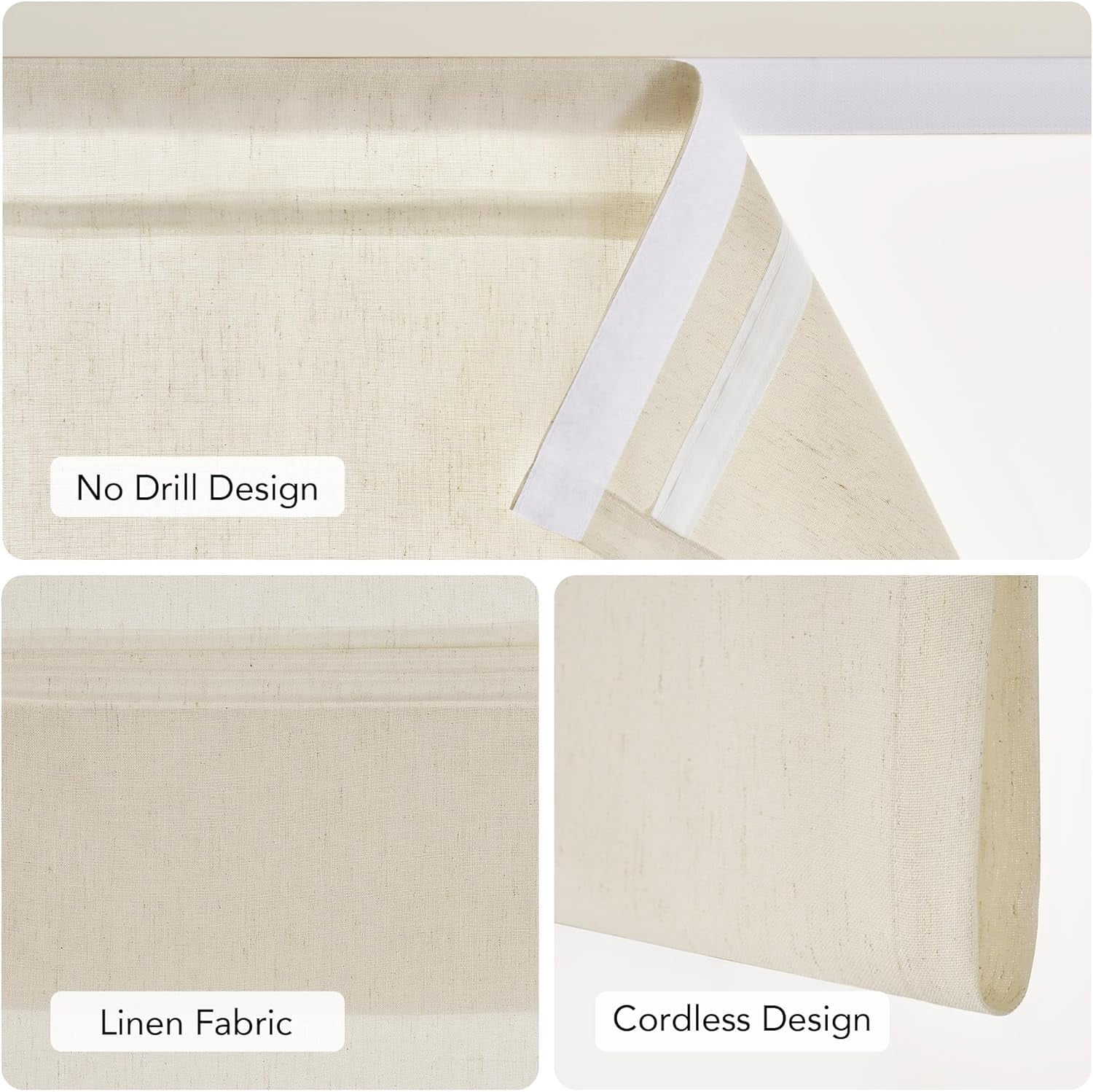 Natural Farmhouese Linen No Drill Roman Shades for Windows, French Front Door Curtain Solid Cordless Blinds for Farmhouse Door Window Covering with Light Filgtering, W26 x L40, 1Pc