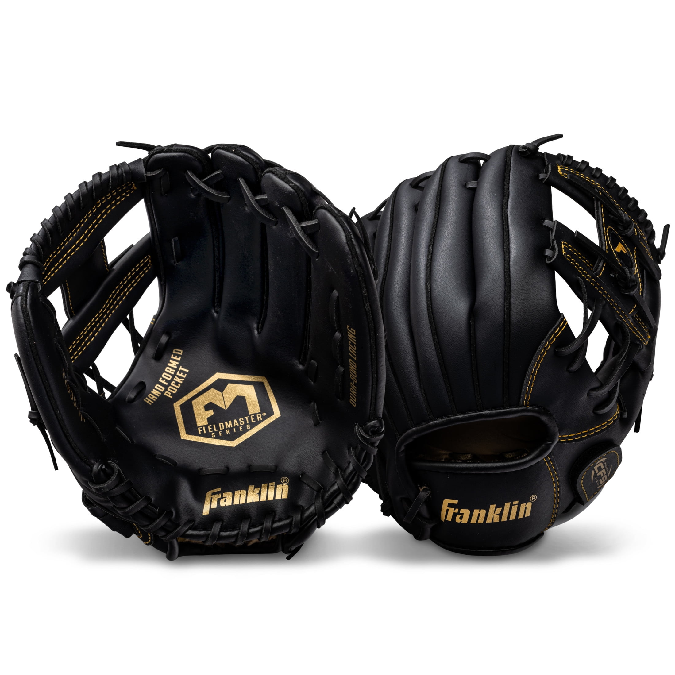 Franklin Sports Field Master Baseball + Softball Glove, 11 in, Black/Gold, Right Hand Throw