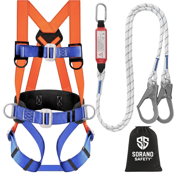 Safety Harness Fall Protection, Full Body Roofing Harness with Shock Absorbing Lanyard, Fall Protection Harness Kit, Construction Harness for Men