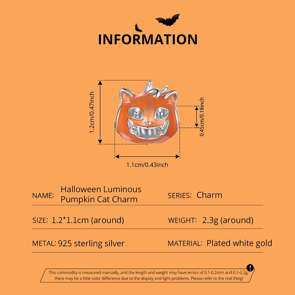 Halloween Luminous Pumpkin Cat Charm, Genuine 925 Sterling Silver Charm, Compatible with Most Charm Bracelet