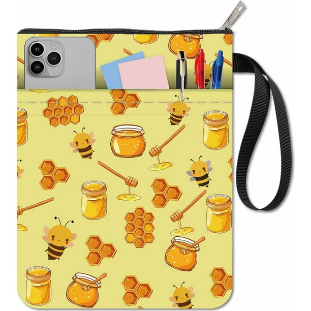 Funda protectora amarilla para libros con diseño de abejas, lavable, de tela, con cremallera y bolsillo adicional. Ideal para cuadernos y libros de bolsillo.
