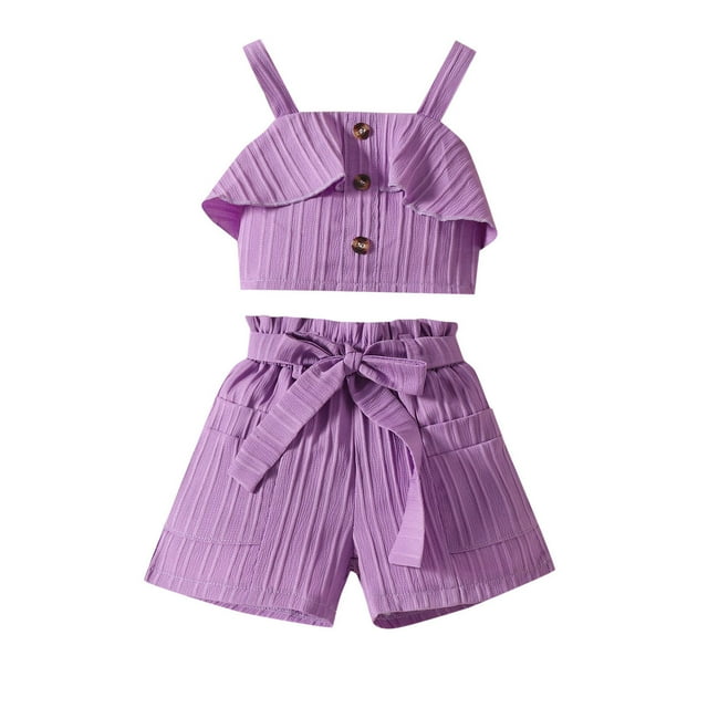 XDZJLR Child Girls Outfits Ribbed Knit Button Front Camisole Crop Tops And Track Shorts 2 Summer Clothing Set Purple 4-5 Years