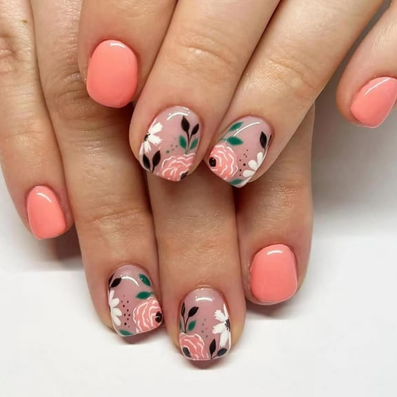 Almond Press on Nails Short Squoval Fake Nails Pink Ombre White False Nails with Glossy Press ons Designs Acrylic Nails Press on Artificial Nails Stick on Nails for Women 24Pcs Flower-A 0.04 Fl Oz