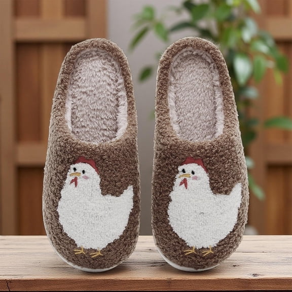 AVRNLIQ Unisex Warm 100% Polyester Indoor Slippers, Cute Chicken Print Coffee Slip-On Slippers with Non-Slip Sole, Easy to Clean for Home Loungewear,Size 42