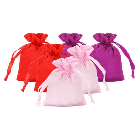 Uxcell Satin Bags with Drawstring, 6 Pack 3 x 4 Inch Satin Wedding Favor Bags Mini Gift Packaging Bags for Birthday Christmas Jewelry Party Storage, Red/Dark Red/Pink